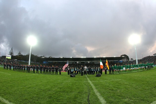 USA and Ireland teams line up for the national anthem