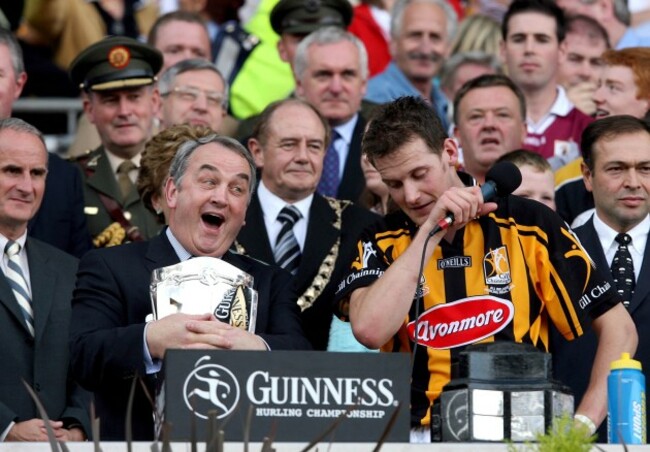 GAA president Nickey Brennan with Captain Jackie Tyrrell and the Liam McCarthy Cup