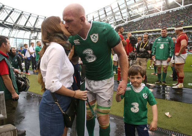 Paul O'Connell with his son Paddy and wife Emily after the game