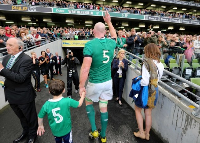 Paul O'Connell with his son Paddy and wife Emily after the game