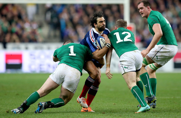 Cian Healy and Gordon D'Arcy tackle Yoann Huget