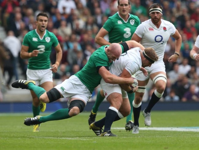 Tom Youngs is tackled by Paul O'Connell