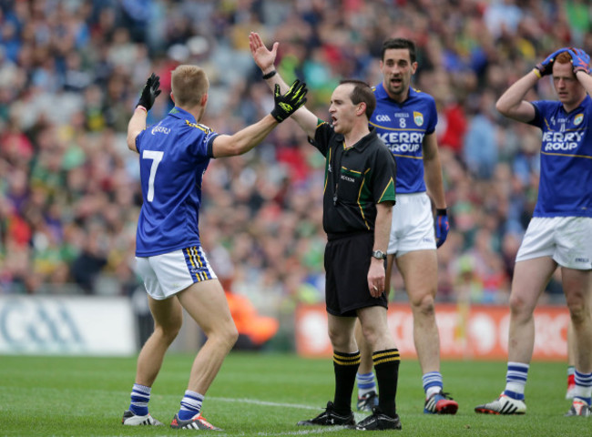 Kerry players react to a decision by David Coldrick