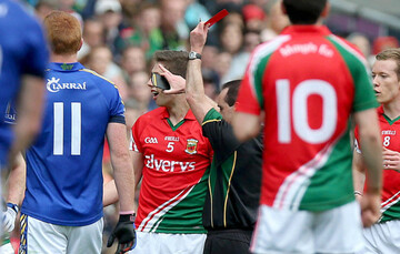 Lee Keegan is shown a red card by David Goldrick