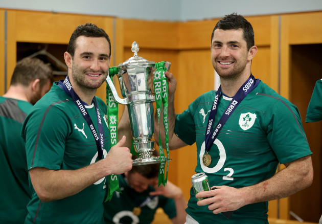 Dave and Rob Kearney celebrate with the RBS 6 Nations trophy