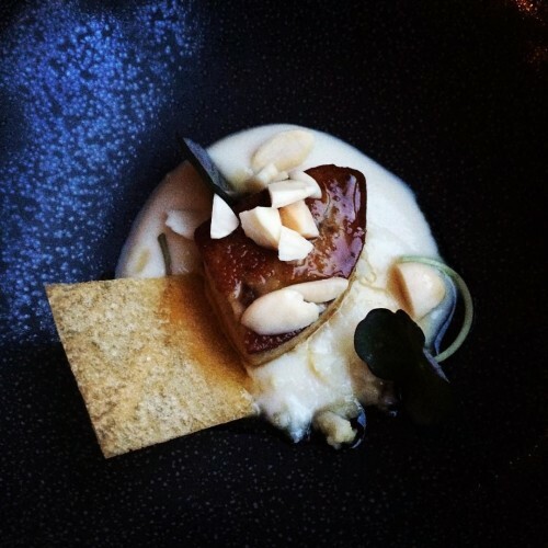 Duck foie gras with cauliflower purée, meatball ryme nuts & celeriac snap