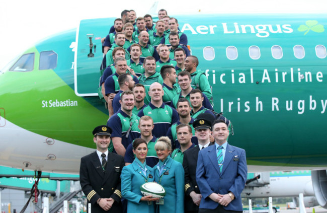 Irish rugby players boarding the Aer Lingus Green Spirit aircraft with Aer Lingus staff forming a guard of honour