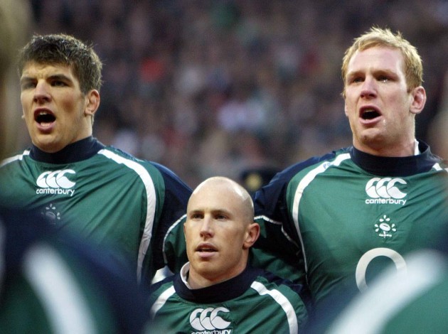 Donncha O'Callaghan, Peter Stringer and Paul O'Connell with tears in his eyes during the national anthem