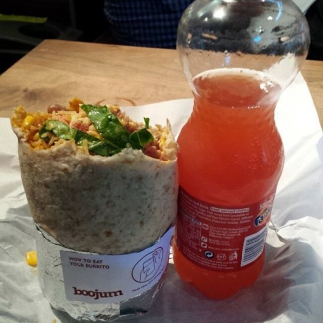 Chirizo and pork burrito. Mexican rice and pinto beans. Tomato salsa with sour cream and cheese + lettuce and corn. #HowDidItFit #Burrito #Boojum