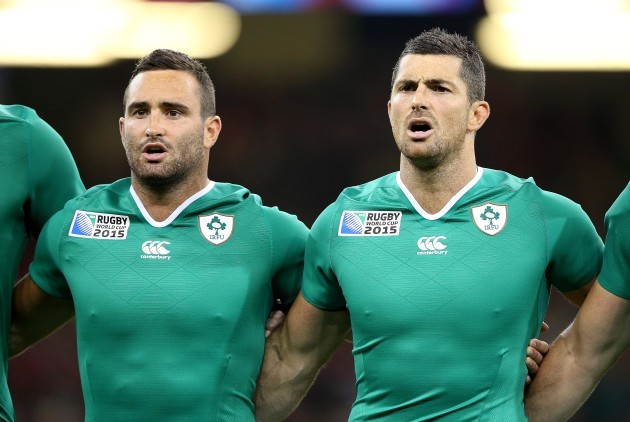 Dave Kearney and Rob Kearney stand for the National Anthem