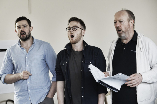 (L-R) Chorus members Ger Kelly, Shane O'Reilly and Pat Nolan rehearse Oe...