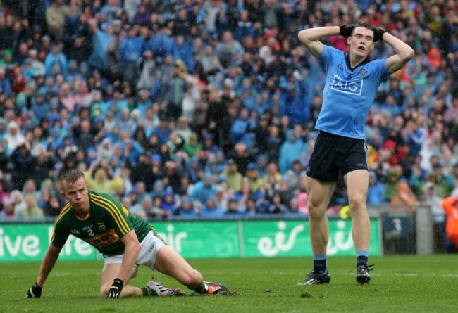 Brian Fenton reacts after hitting the post