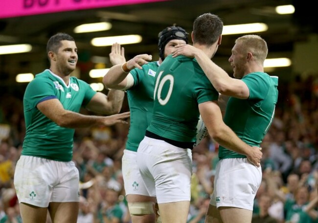 Jonathan Sexton celebrates his try with Sean O'Brien, Keith Earls and Rob Kearney