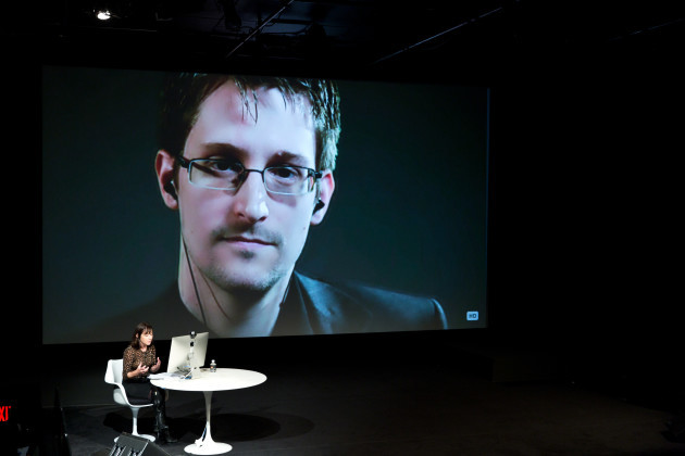 Edward Snowden talks with Jane Mayer via satellite at the 15th Annual New Yorker Festival