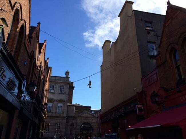 I was pretty disappointed when I found out this is an art installation and not an act of defiance by someone walking home late at night or early in the morning who'd had quite enough of the heels, thank you. #dublinlookup #barefootisbetter