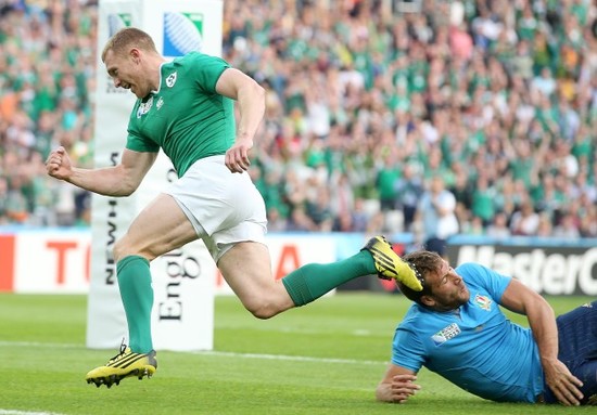 Keith Earls celebrates scoring a try