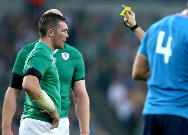 Peter O'Mahony is yellow carded by referee Jerome Garces
