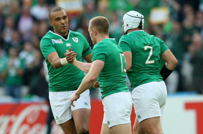 Simon Zebo celebrates with try scorer Keith Earls