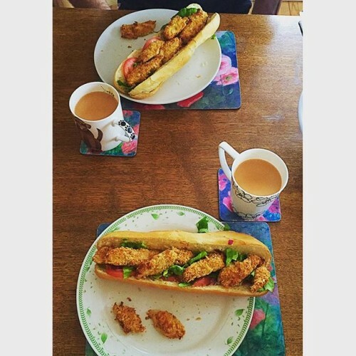 Just had THE nicest chicken fillet roll ever! Fresh chicken breast covered in a homemade #taytocrisps breadcrumb & cooked in the oven with freshly cooked baguettes also straight out of the oven. #heaven