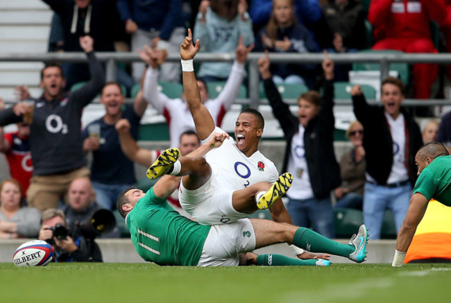 Anthony Watson celebrates his try