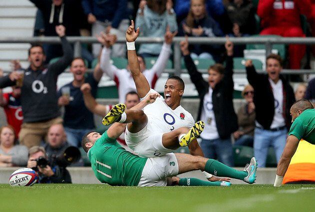 Anthony Watson celebrates his try