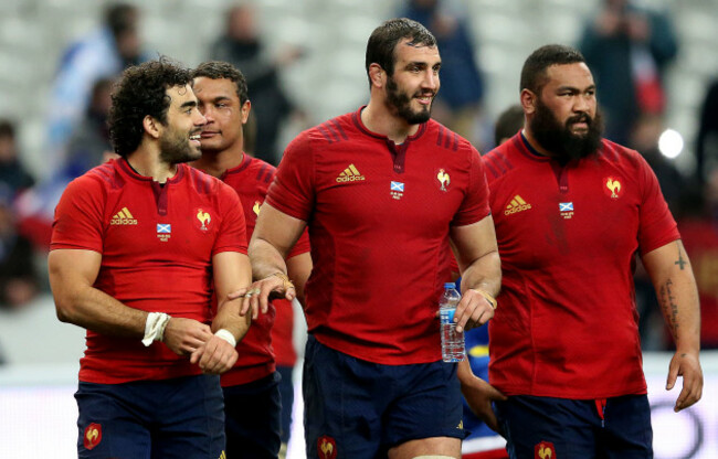 Yoann Huget, Yoann Maestri and Uini Atonio celebrate after the game