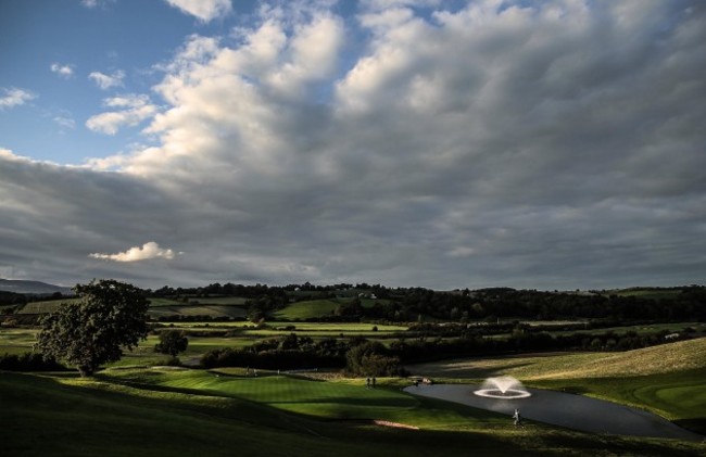 Eoin Reddan and Cian Healy walk onto the 18th