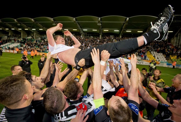 Dundalk manager Stephen Kenny is thrown in the air by his players after they captured the league title