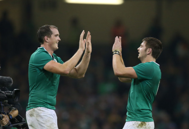 Devin Toner and Iain Henderson celebrate winning