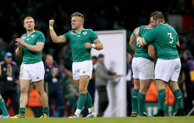 Ian Madigan celebrates after the game