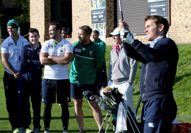 Rory McIlroy with Dave Kearney, Jonathan Sexton and Dan Downey as Eoin Reddan tees off