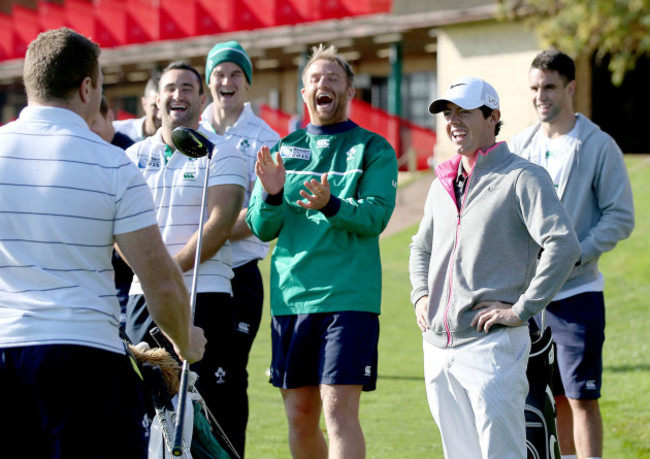 Rory McIlroy with Luke Fitzgerald, Dave Kearney, Jonathan Sexton and Conor Murray