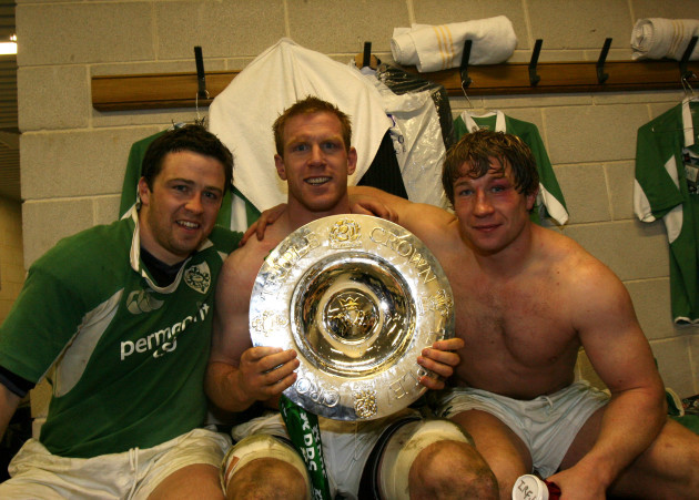 Marcus Horan, Paul O'Connell and Jerry Flannery with Triple Crown Trophy