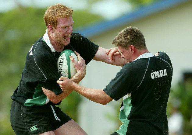 Paul O'Connell tackled by Ronan O'Gara 2003