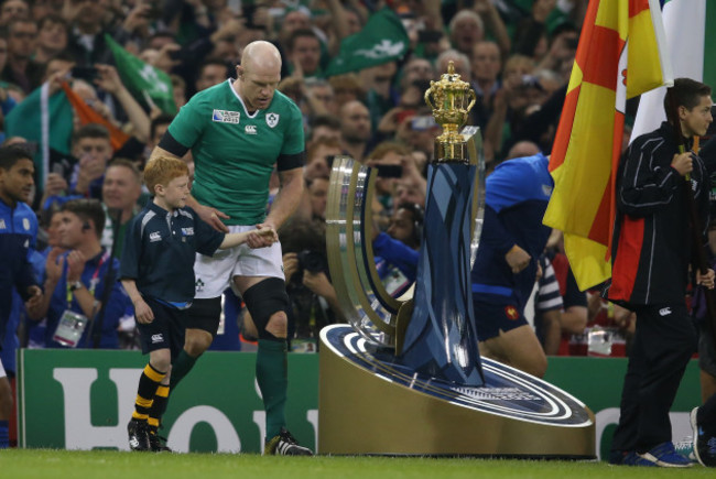 IrelandÕs Paul O'Connell walks out past the Webb Ellis Trophy