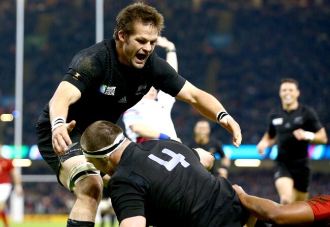 Brodie Retallick celebrates his try with Richie McCaw