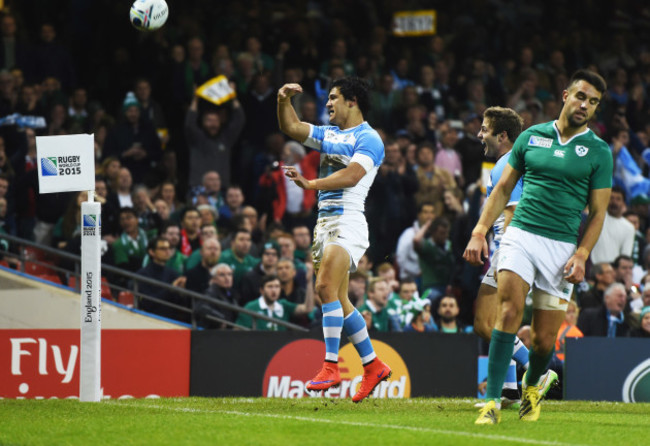 Matias Moroni celebrates scoring their first try