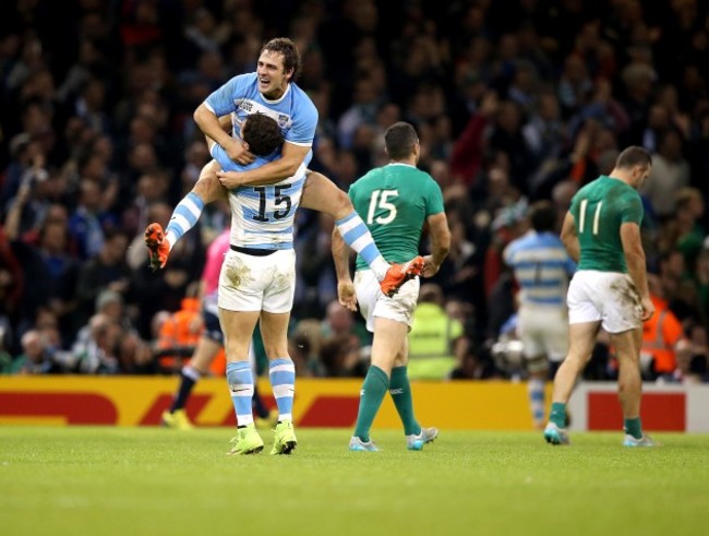 Nicolas Sanchez and Joaquin Tuculet celebrate their fourth try