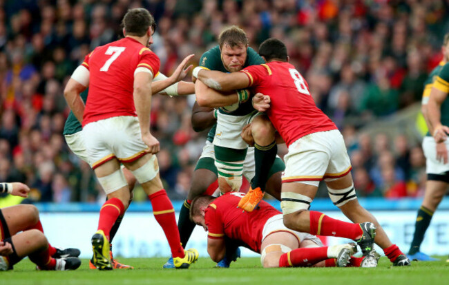 Sam Warburton, Dan Lydiate and Taulupe Faletau with Duane Vermeulen