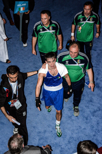 Michael Conlan with coaches Zaur Antia and Billy Walsh