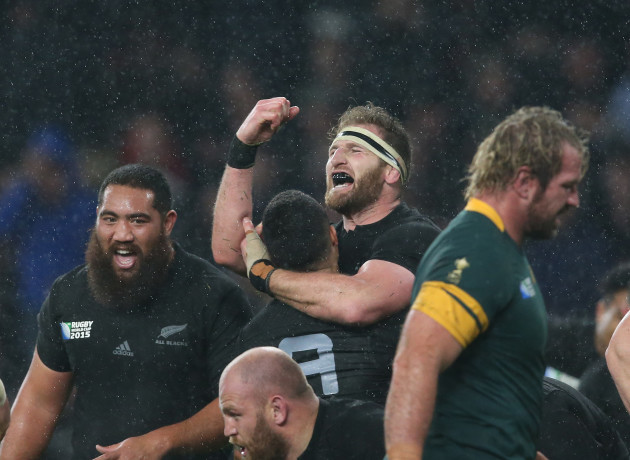 Kieran Read celebrates with Charlie Faumuina at the end of the match