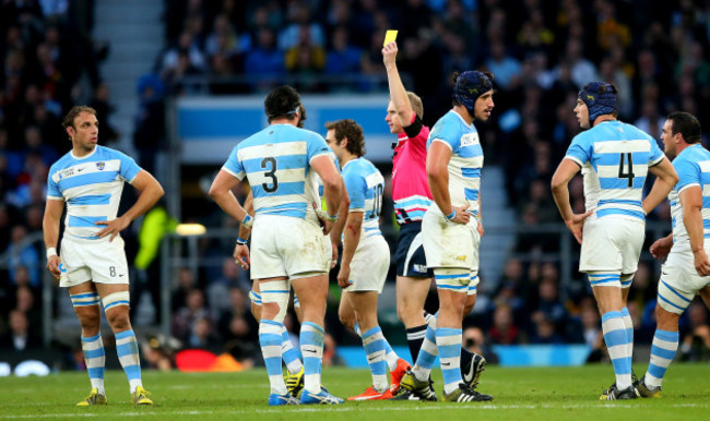 Tomas Lavanini leaves the field after being yellow carded