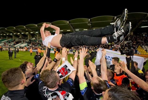 Dundalk manager Stephen Kenny is thrown in the air by his players after they captured the league title