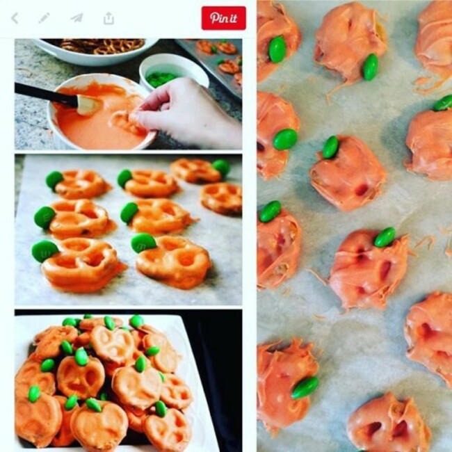 So I have to make treats for our staff lunch on Thursday so I decided to make these cute pumpkin pretzels. The pic on the left is the Pinterest version. The ones on the right are mine.... Not a perfect match but hey they taste good!! #pinterestfail #crazypumpkins #theytastebetterthantheylook