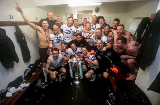 The Dundalk players celebrate in the dressing room
