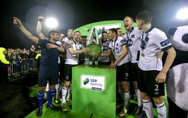 Dundalk players celebrate with the trophy