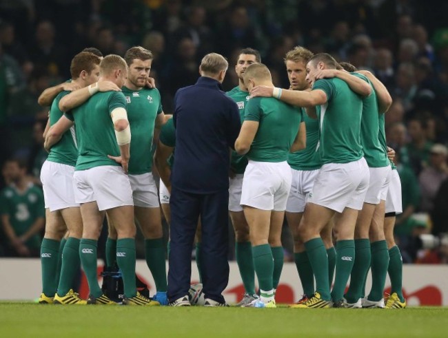 Ireland&Otilde;s head coach Joe Schmidt before the match in a team huddle