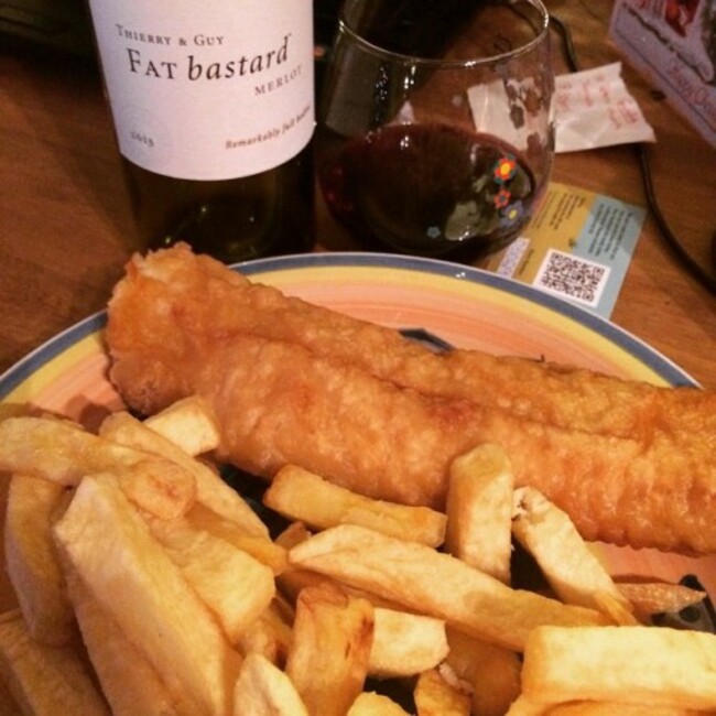 Finally!! Fish and Chips! I've been holding out but after a long day walking around in town it was time! Adequately named wine to go with