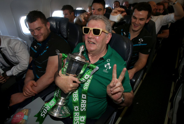 Paddy Rala O'Reilly celebrates with the Ireland RBS 6 Nations on there way back to Dublin