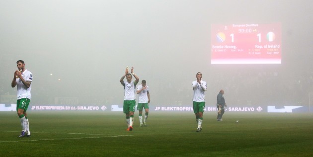 Ireland players thank the supporters after the game